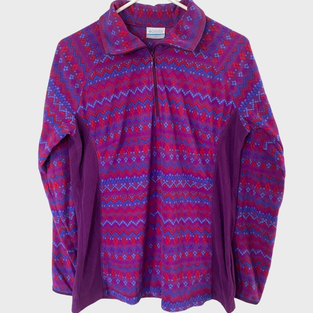 Columbia 1/4 Zip Fleece Pullover Womens Large Purple Motiff Mock Neck Outerwear